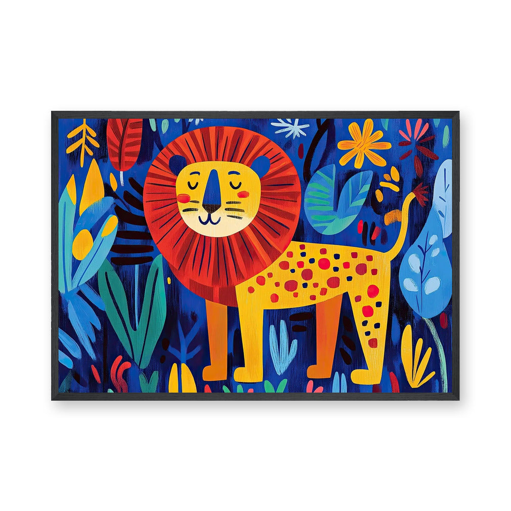 Jungle Lion Kids Wall Art Poster – Colorful Leaves and Flowers for Playful Rooms