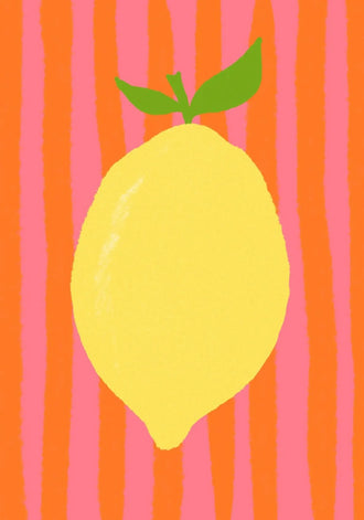 Lemon Pop Art Wall Decor – Bright Citrus on Pink Orange Stripes