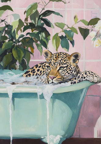 Leopard Bathtub Eclectic Wall Art Print – Pink Tile Bubble Bath Print