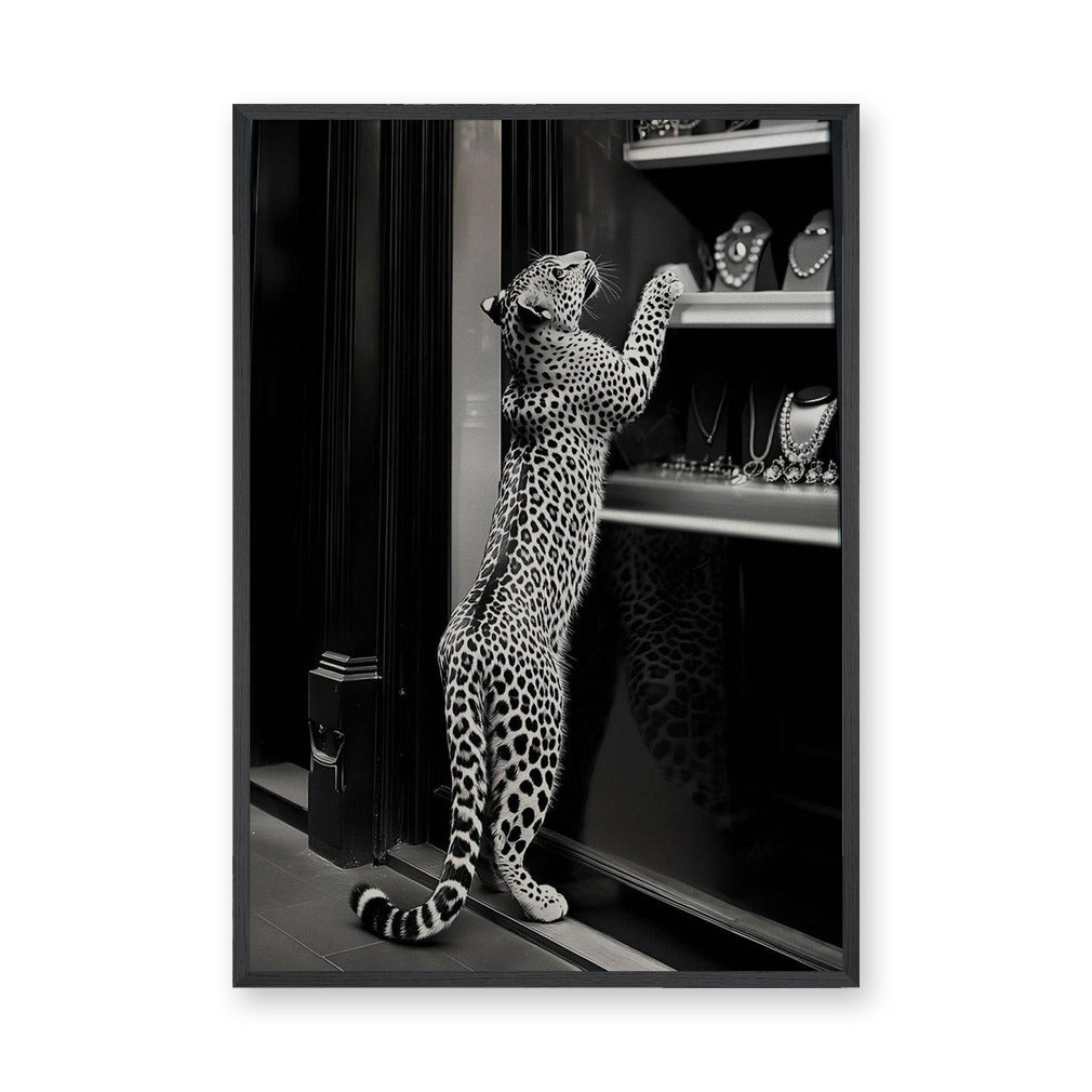 Leopard Photography Modern Wall Art Print – Black-and-White Window Shopping