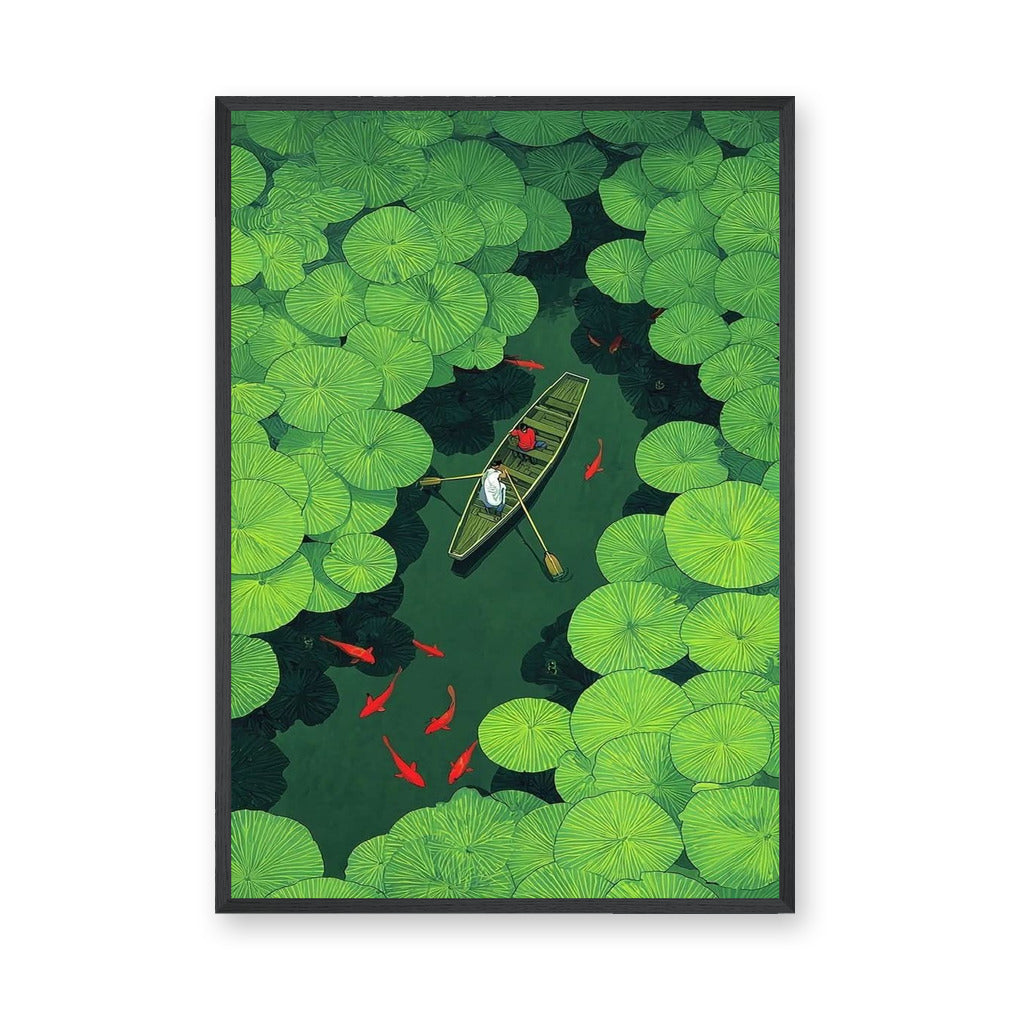 Lily Pond Boat Botanical Wall Art Poster – Rowboat with Koi and Lily Pads