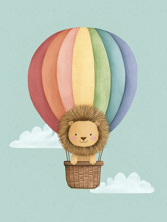 Lion Hot Air Balloon Nursery Wall Art Poster – Pastel Rainbow Cloud Ride