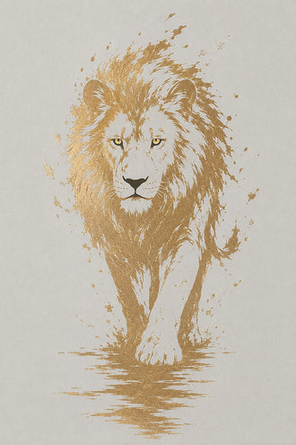 Lion Modern Abstract Wall Art Print – Gold Splatter Walking Portrait