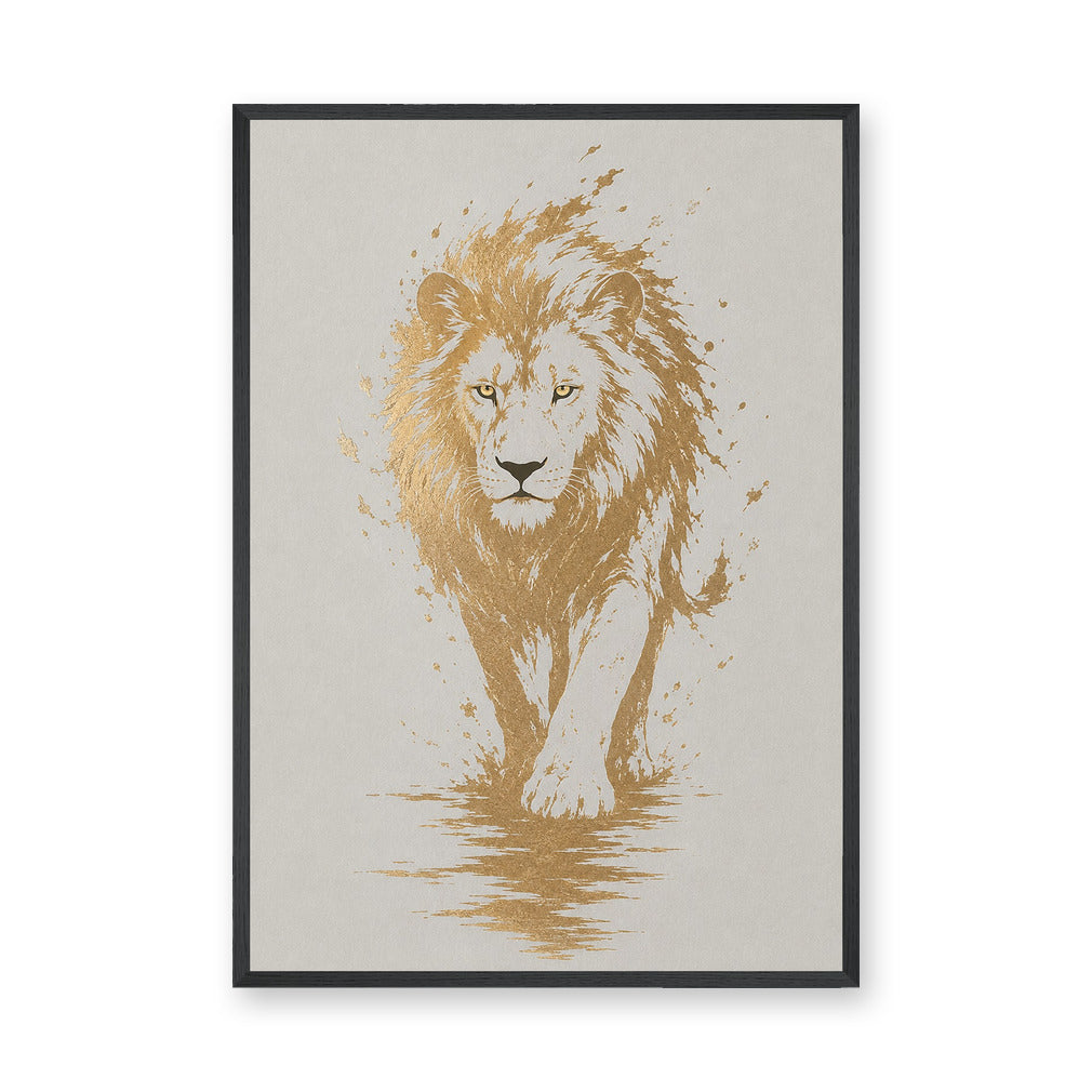 Lion Modern Abstract Wall Art Print – Gold Splatter Walking Portrait
