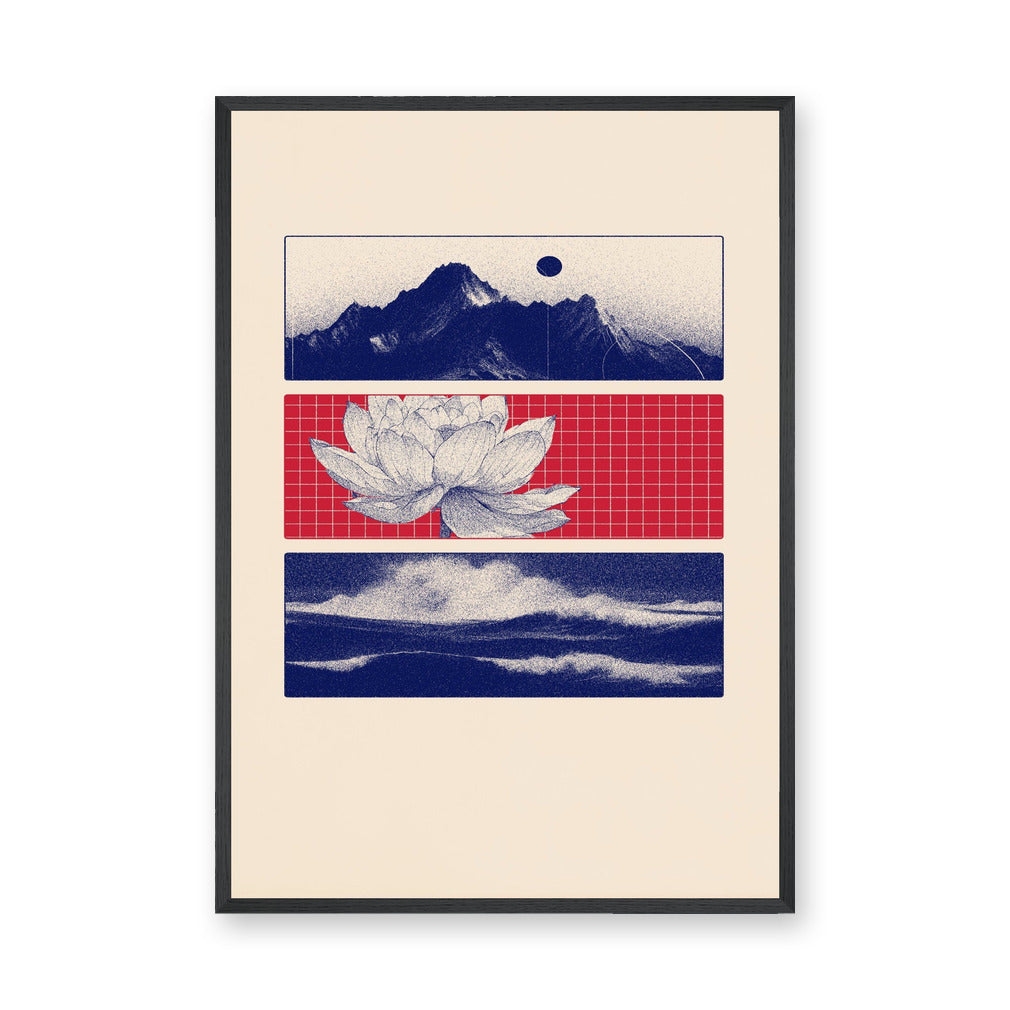 Lotus Landscape Modern Wall Art Poster – Navy Mountains, Red Grid, and Waves