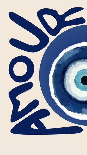 Love Evil Eye Typography Wall Art Print – Beige and Navy Boho Print