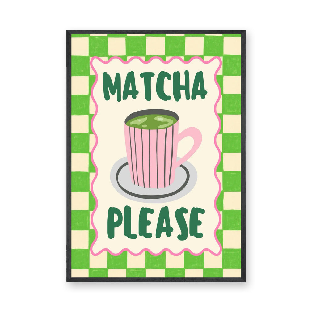 Matcha Typography Wall Art Print – Retro Green Checkerboard Kitchen Print