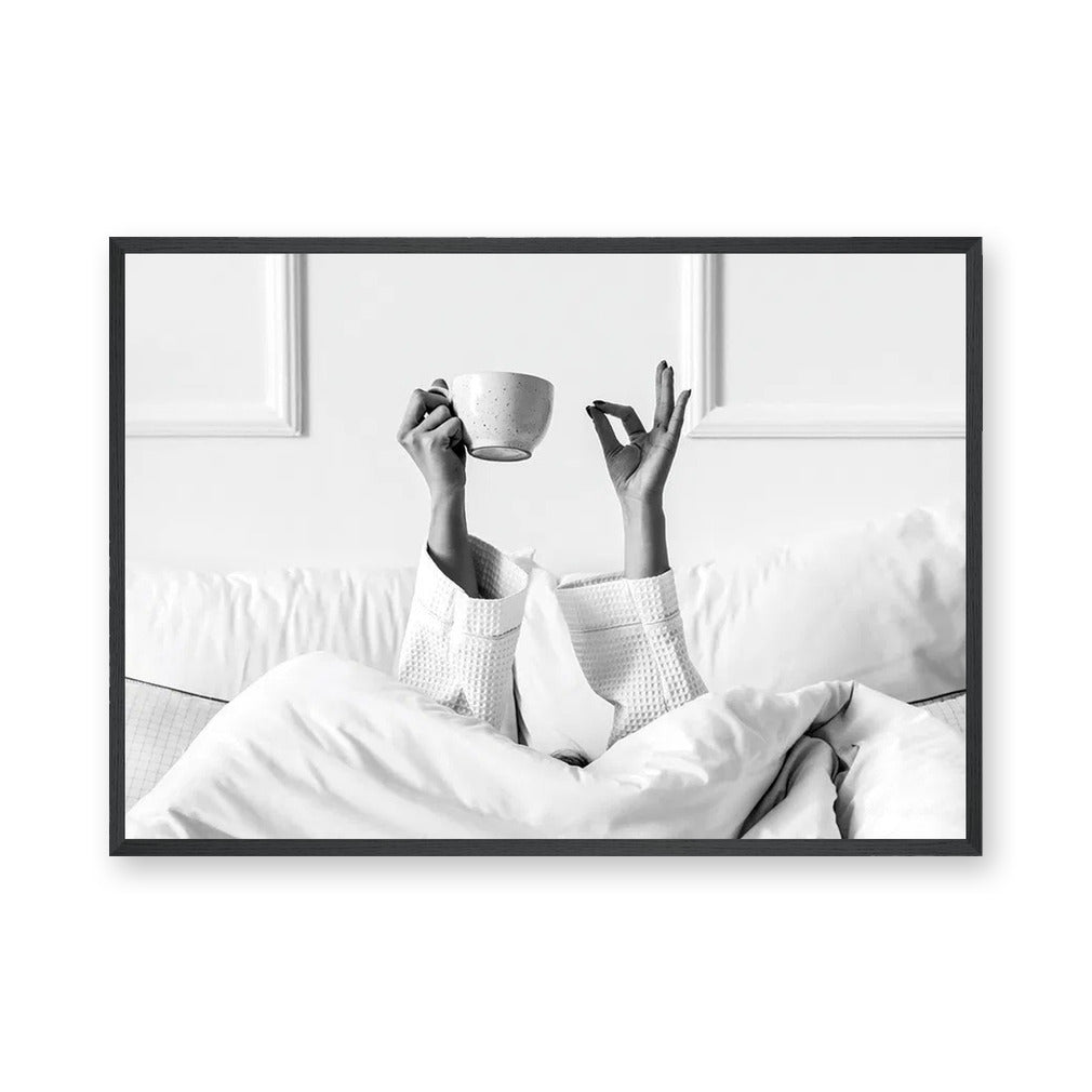 Morning Coffee Minimalist Wall Art Print – Black and White Bed Print