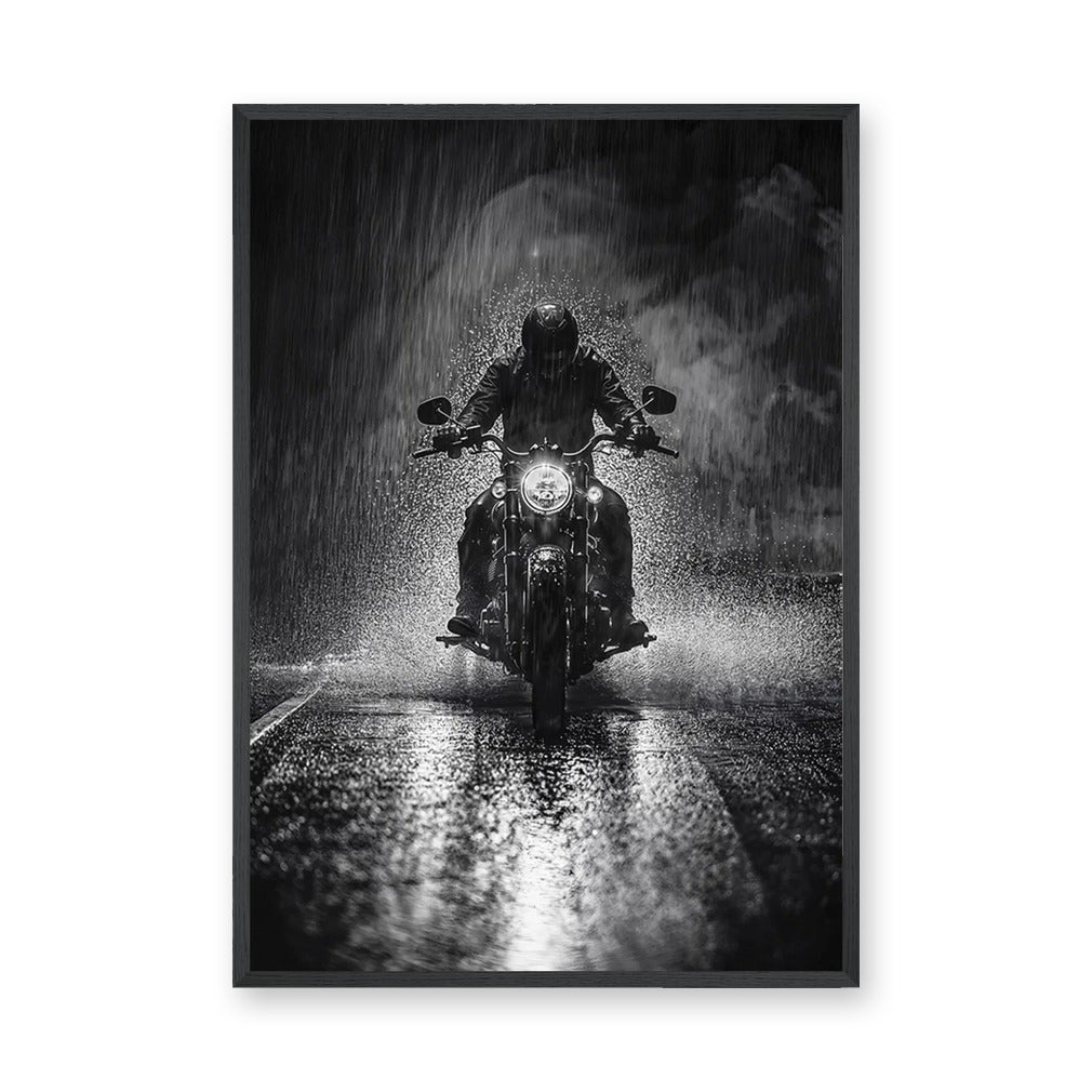 Motorcycle Photography Wall Art Poster – Black and White Rain Ride