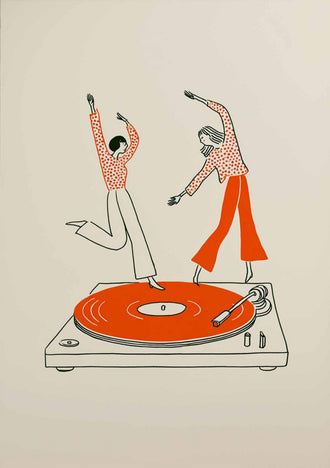 Music Retro Line Art Wall Decor – Turntable Dancers on Orange Vinyl
