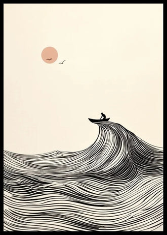 Ocean Wave Minimalist Line Art Wall Art Poster – Boat and Pink Sun Coastal Print