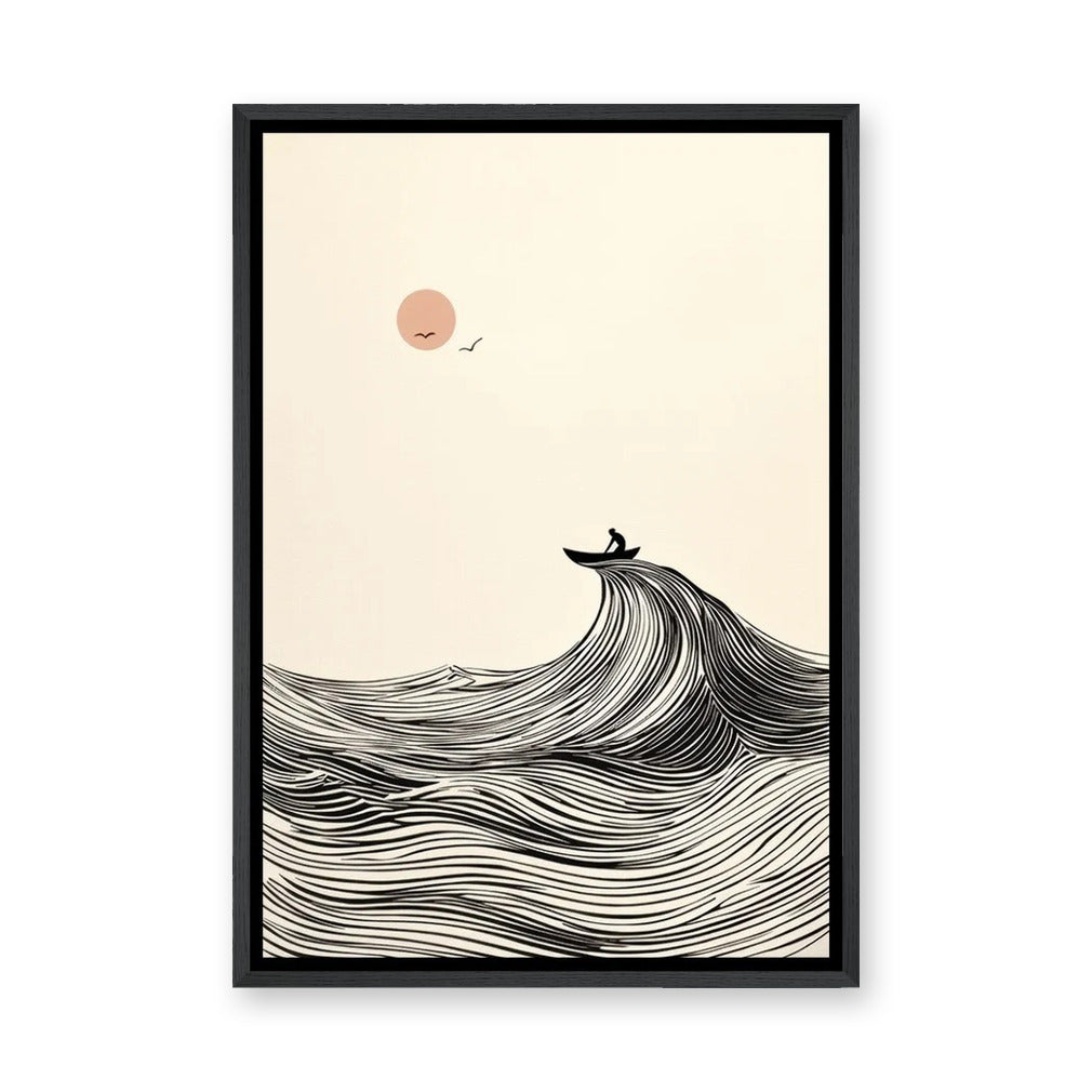 Ocean Wave Minimalist Line Art Wall Art Poster – Boat and Pink Sun Coastal Print