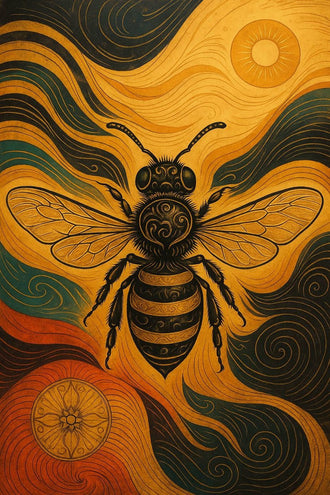 Ornate Bee Art Deco Wall Decor – Black Gold Insect with Teal Swirls