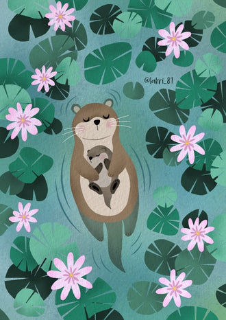 Otter Lily Pond Kids Wall Decor – Mother and Baby Among Flowers