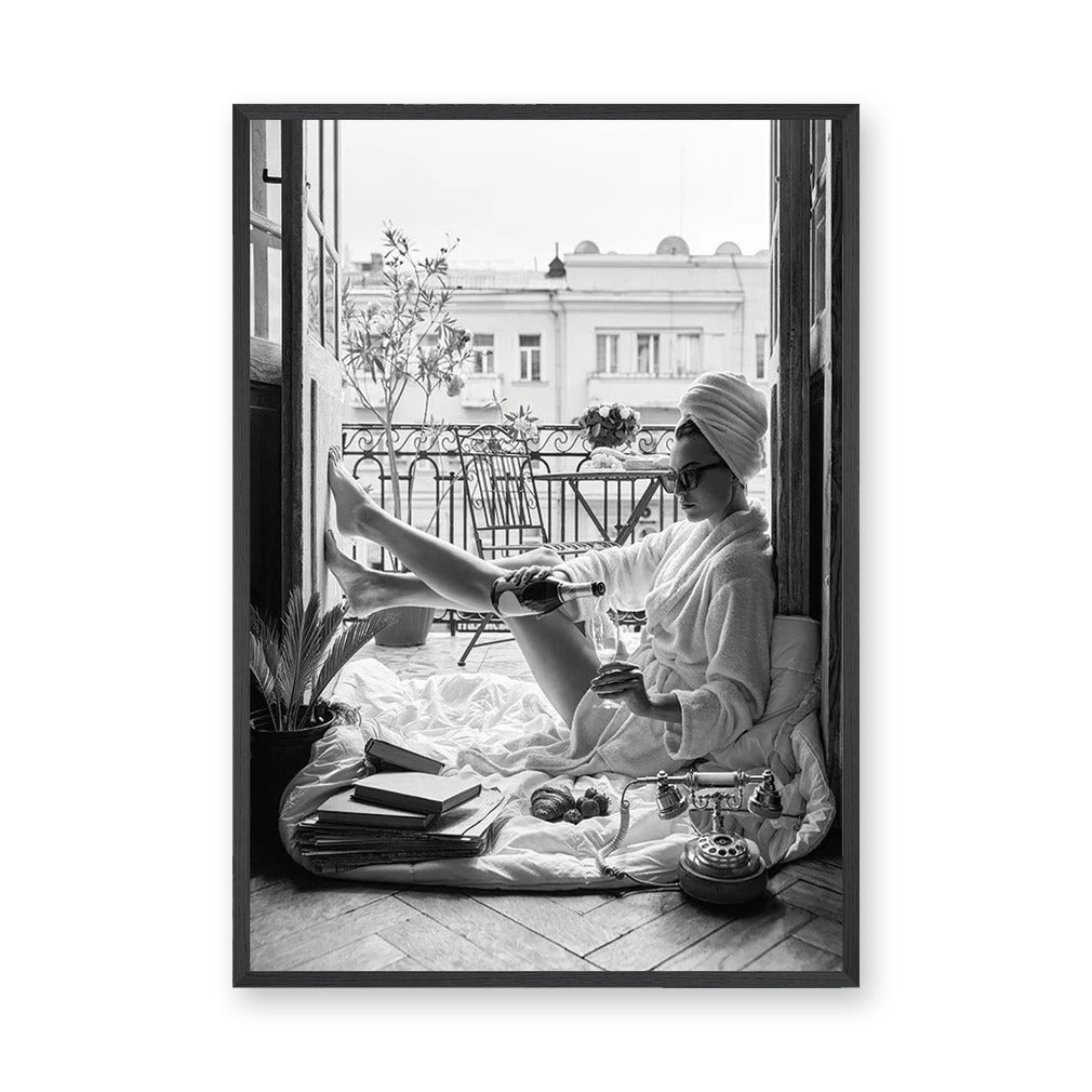 Photography Vintage Wall Art Poster – Black and White Champagne Balcony Portrait
