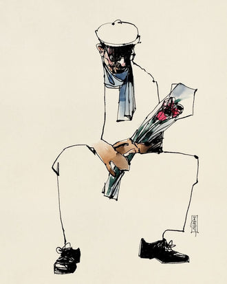 Portrait Line Art Wall Decor – Seated Man Holding Bouquet Sketch