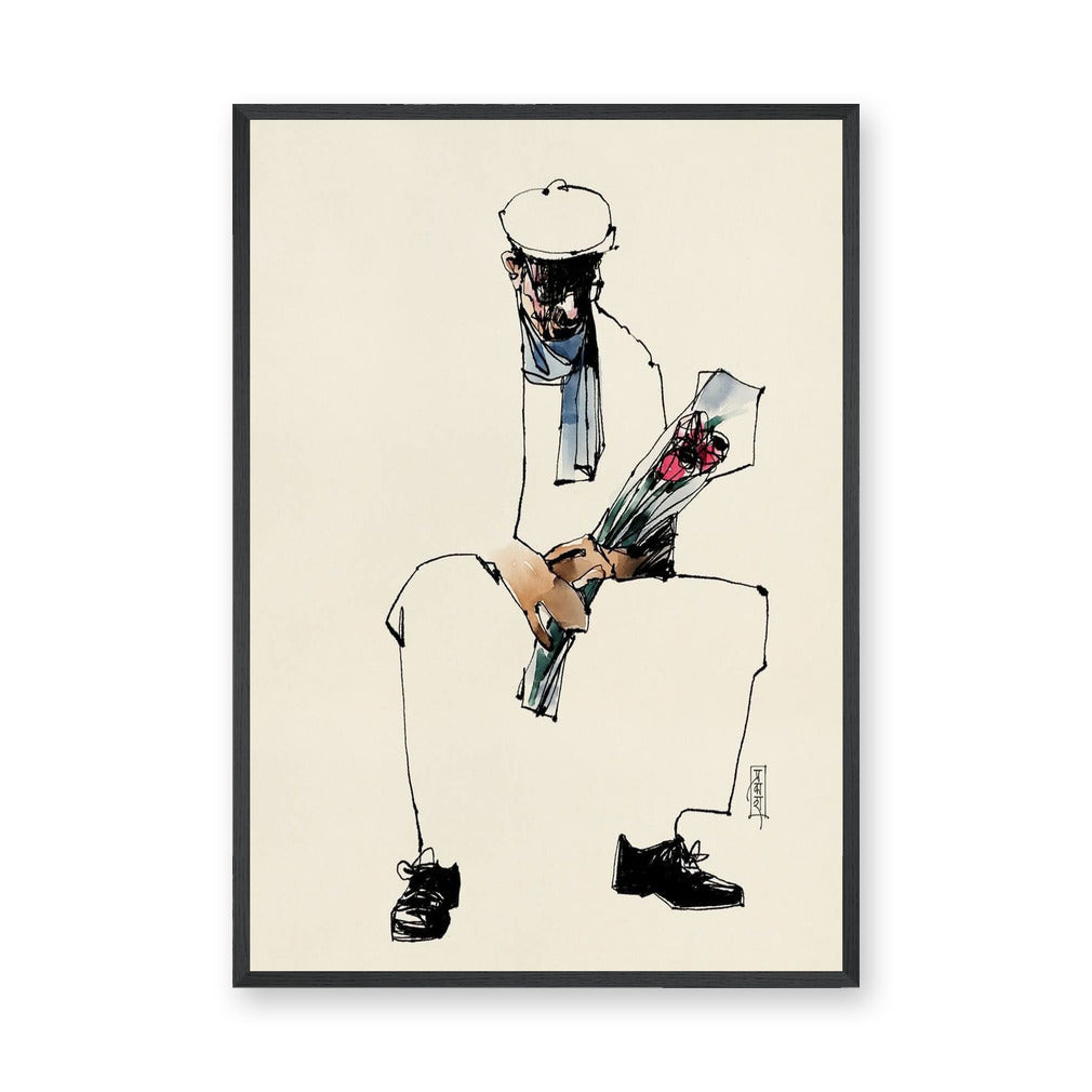 Portrait Line Art Wall Decor – Seated Man Holding Bouquet Sketch