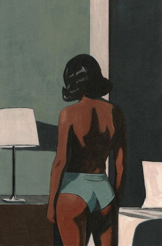 Portrait Modern Minimalist Wall Art Print – Moody Woman Bedroom Scene