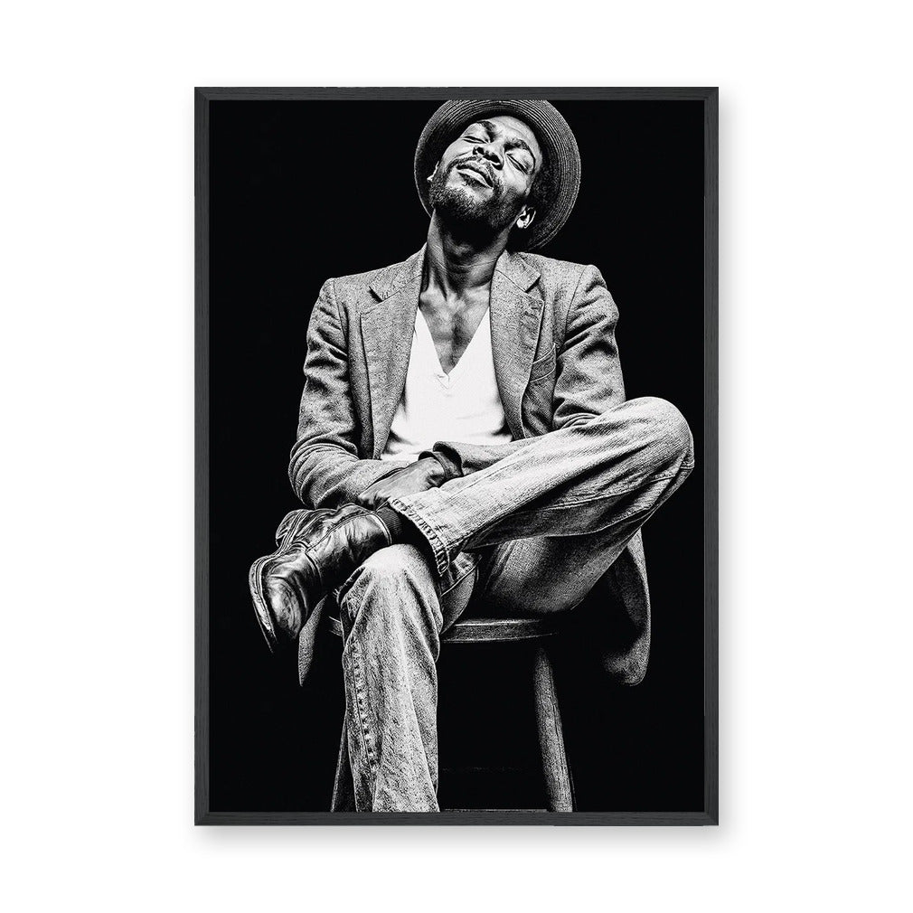 Portrait Photography Modern Wall Art Poster – Black and White Seated Hat Figure