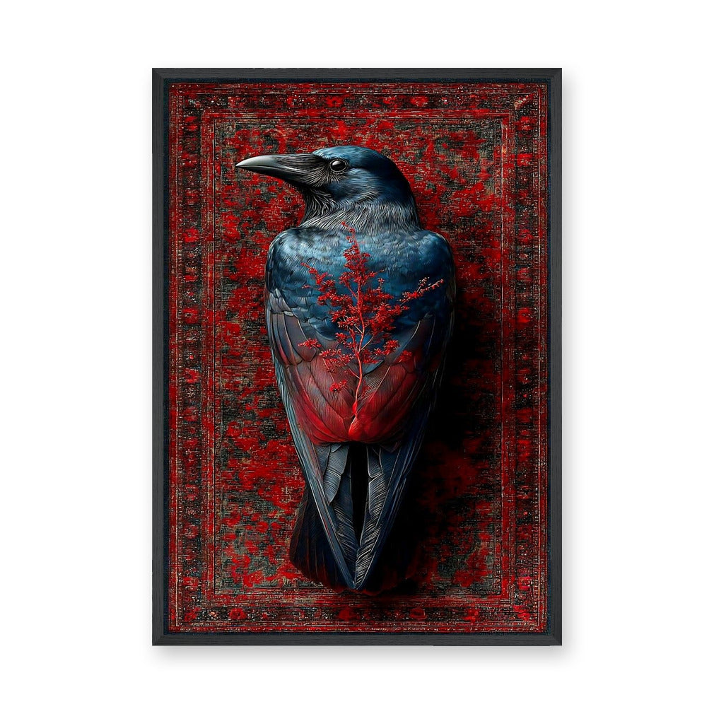 Raven Botanical Eclectic Wall Art Poster – Blue-Black Bird on Ornate Red