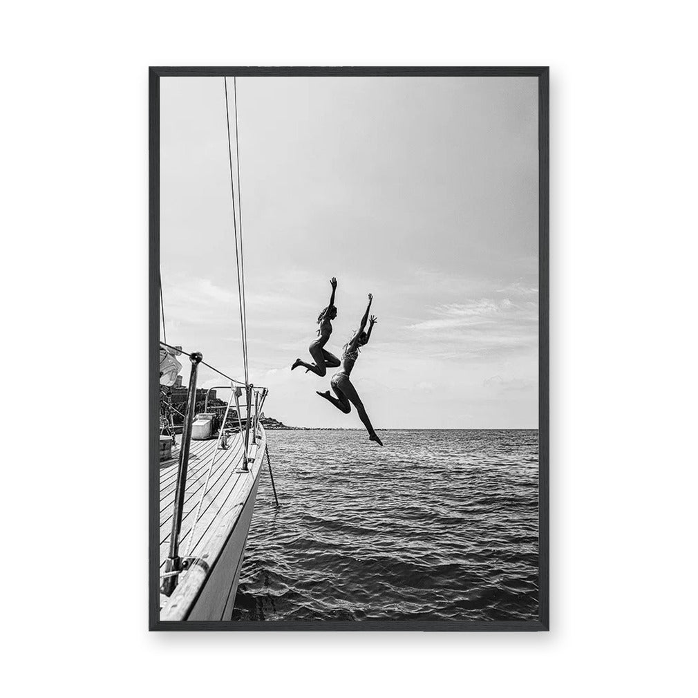 Sailboat Photography Coastal Wall Art Poster – Black and White Ocean Jump
