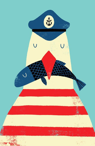 Sailor Bird Kids Wall Art Print – Whimsical Coastal Fish Illustration