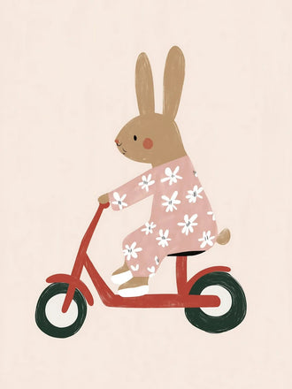 Scooter Bunny Kids Wall Decor – Rabbit in Pajamas on Red Scooter