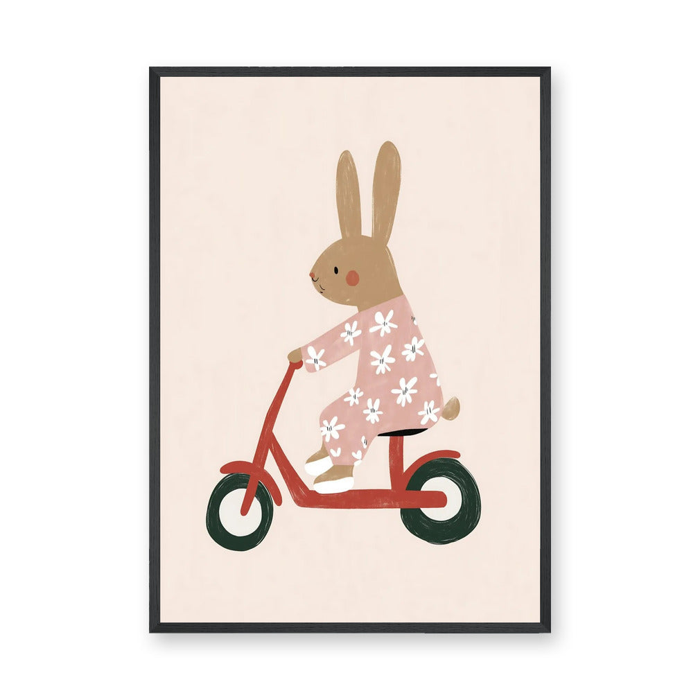 Scooter Bunny Kids Wall Decor – Rabbit in Pajamas on Red Scooter