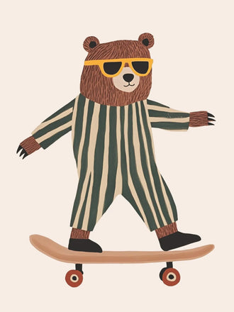 Skateboarding Bear Kids Wall Decor – Cute Nursery Animal Print