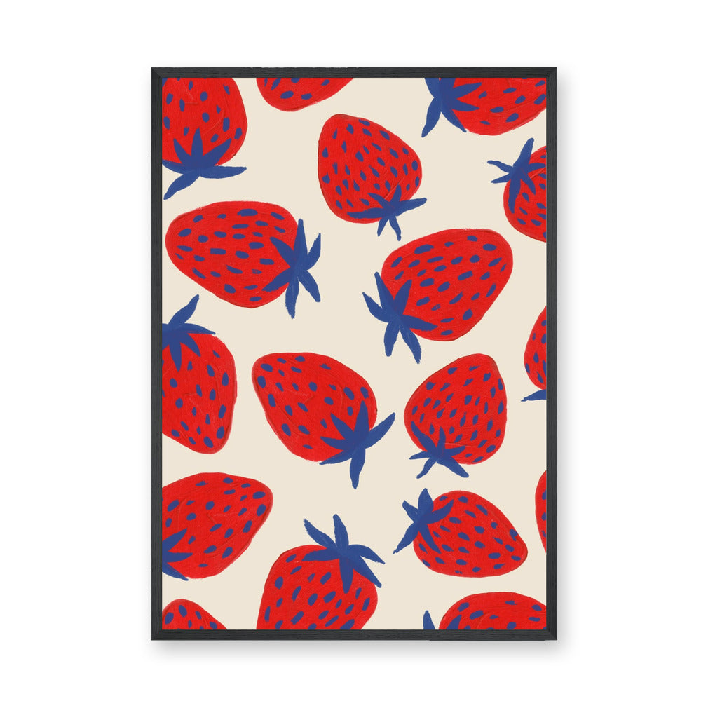 Strawberry Pop Art Wall Art Print – Red Blue Fruit Pattern on Cream