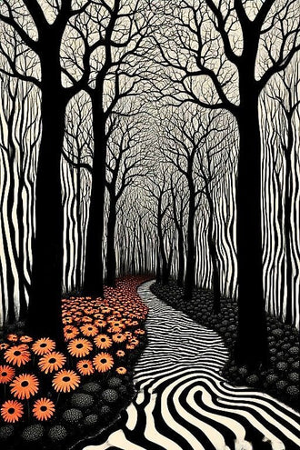 Surreal Forest Line Art Wall Art Poster – Black White Path with Orange Flowers