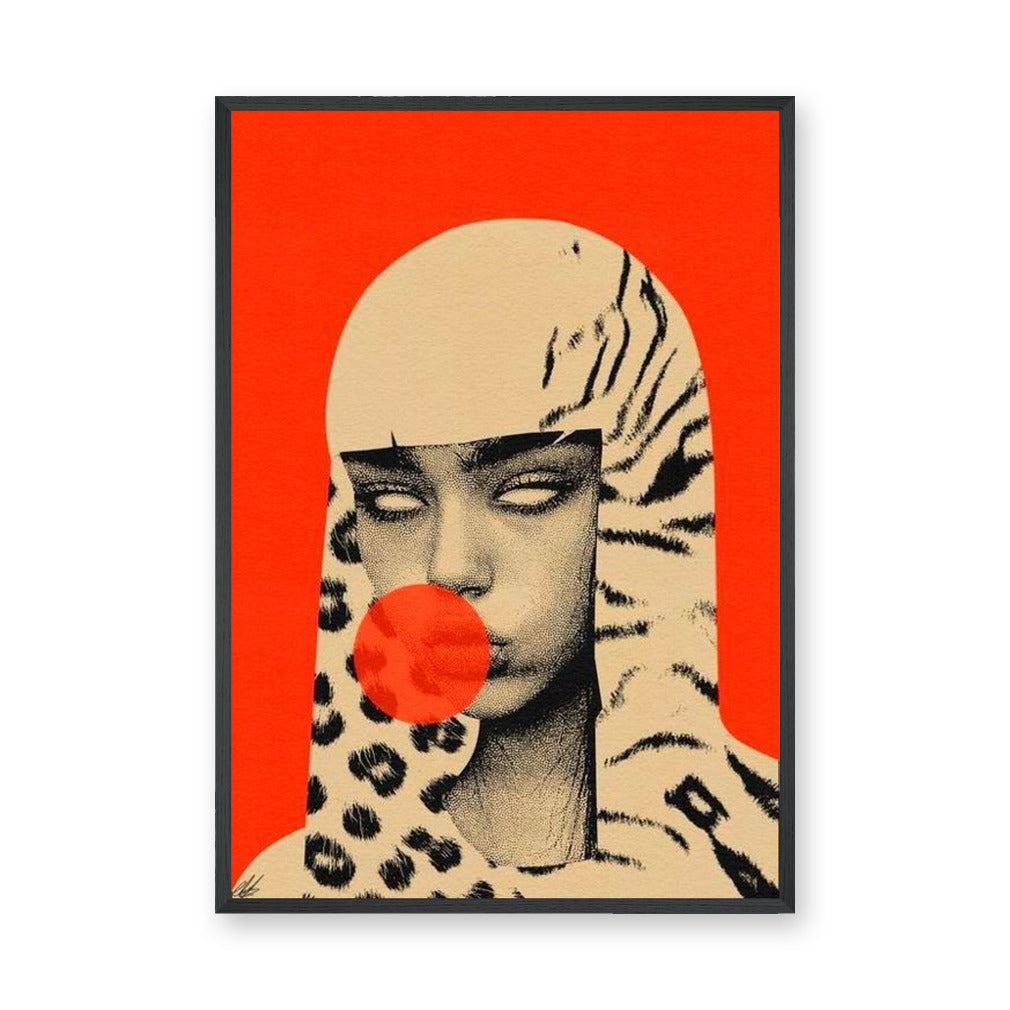 Surreal Portrait Pop Art Wall Art Poster – Woman Blowing a Red Bubble