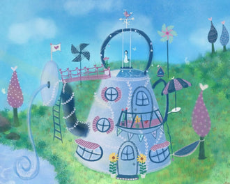 Teapot Fairy House Kids Wall Art Print – Whimsical Garden Fantasy
