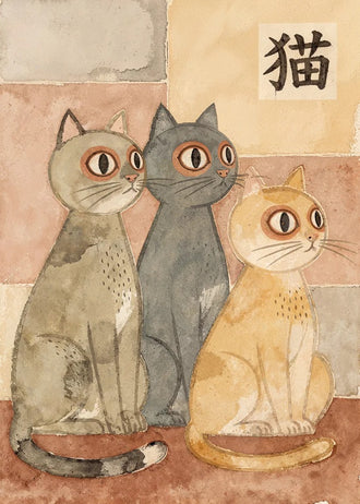 Three Cats Traditional Wall Art Print – Japanese Cat Watercolor with 猫
