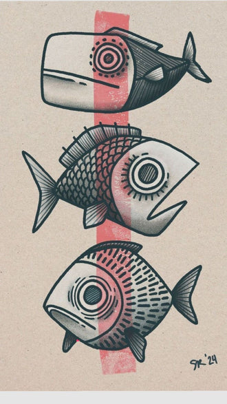 Three Fish Line-Art Wall Art Poster – Coastal Retro Beige Ocean Print