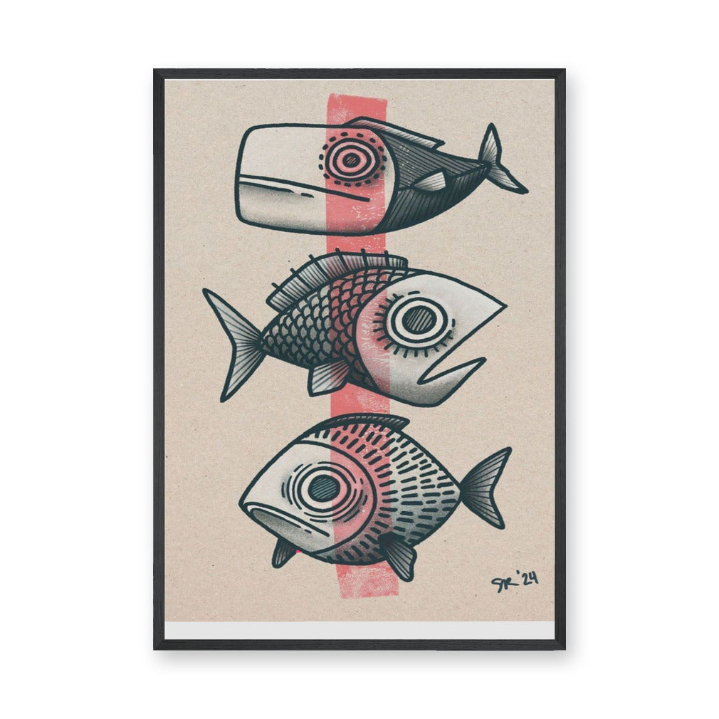Three Fish Line-Art Wall Art Poster – Coastal Retro Beige Ocean Print