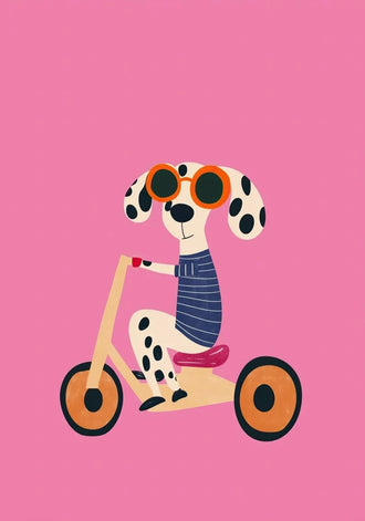 Tricycle Dog Modern Kids Wall Art Print – Spotted Pup on Pink