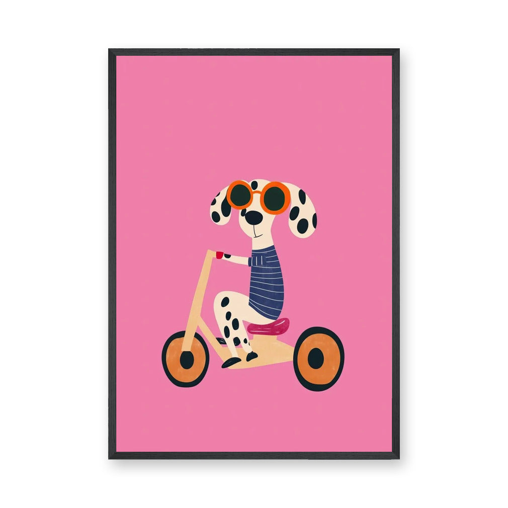 Tricycle Dog Modern Kids Wall Art Print – Spotted Pup on Pink