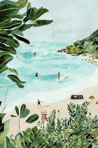 Tropical Beach Coastal Wall Art Print – Watercolor Surfers and Foliage