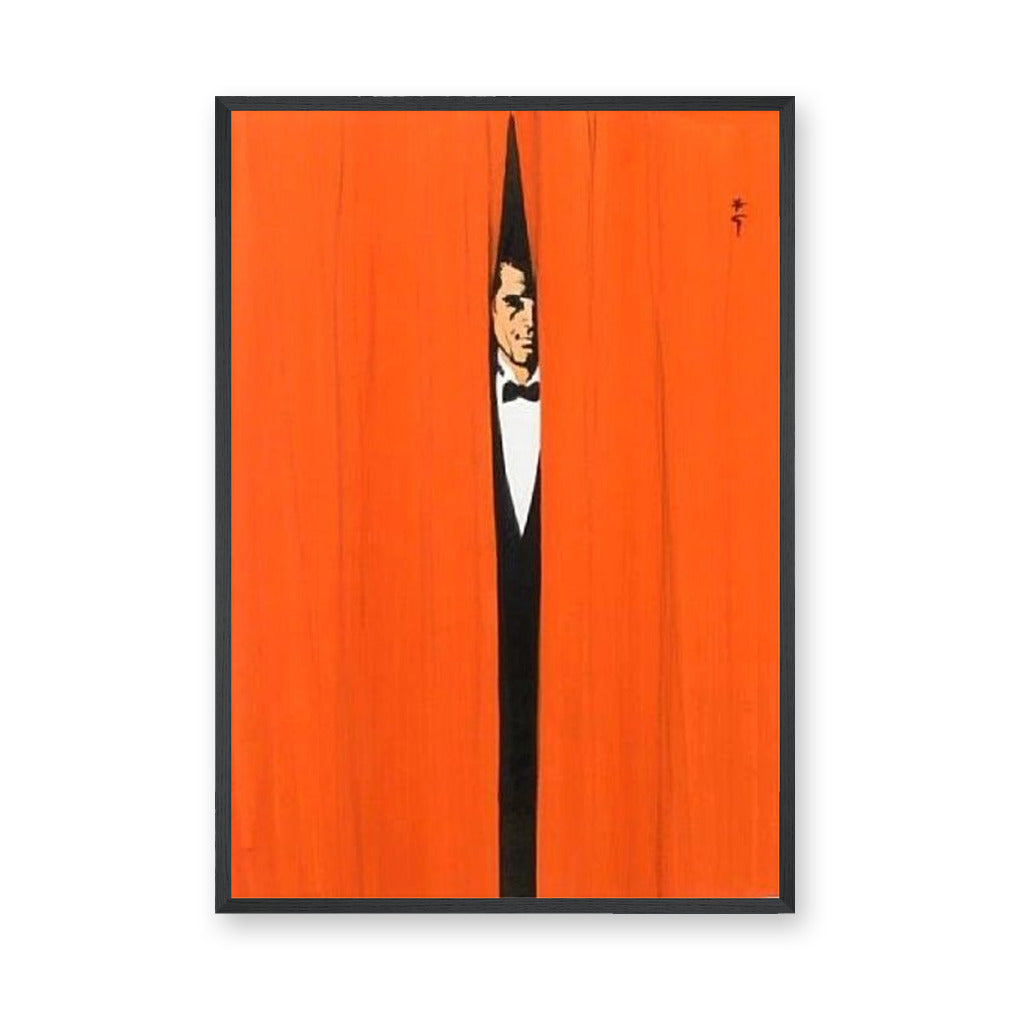 Tuxedo Man Minimalist Wall Art Poster – Orange Curtain Spy Portrait