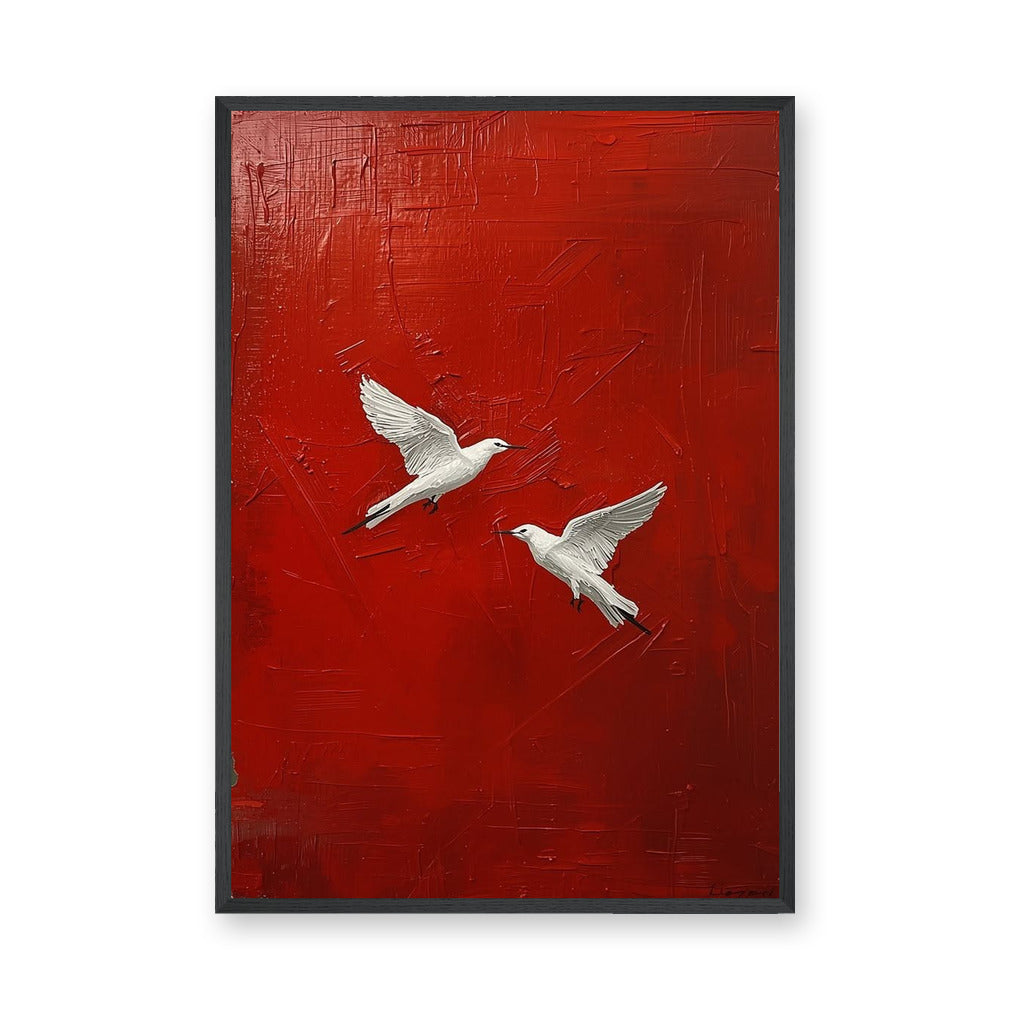 White Birds Modern Abstract Wall Art Poster – Textured Deep Red Background