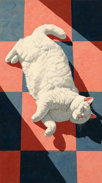 White Cat Geometric Wall Art Poster – Sunlit Lounge on Red and Blue Tiles