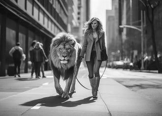 Woman Walking Lion Surreal Wall Art Print – Black and White City Street Scene