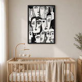 Abstract Faces Line Art Wall Art Print – Black-and-White Bottles and Portraits