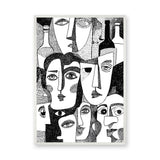 Abstract Faces Line Art Wall Art Print – Black-and-White Bottles and Portraits