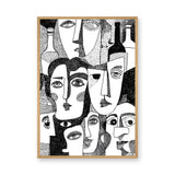 Abstract Faces Line Art Wall Art Print – Black-and-White Bottles and Portraits