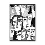Abstract Faces Line Art Wall Art Print – Black-and-White Bottles and Portraits