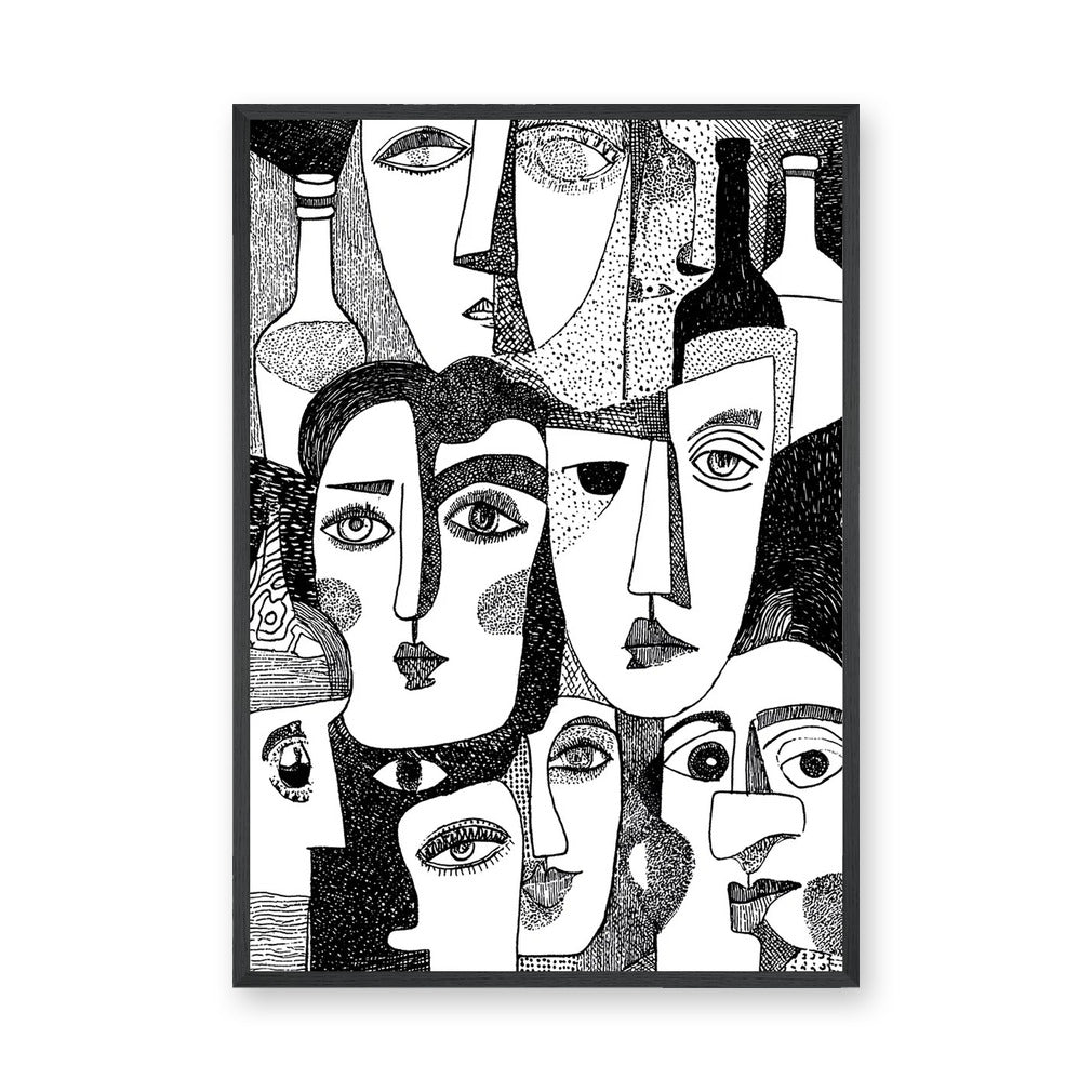 Abstract Faces Modern Line Art Wall Decor – Black-and-White Bottles