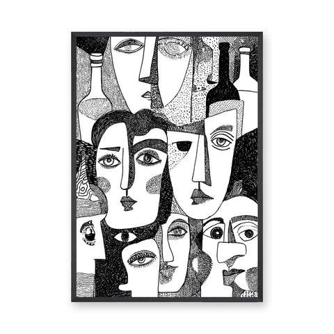Abstract Faces Modern Line Art Wall Decor – Black-and-White Bottles