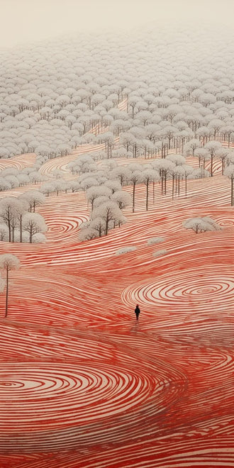 Abstract Forest Line Art Wall Art Poster – Red Contour Landscape Print